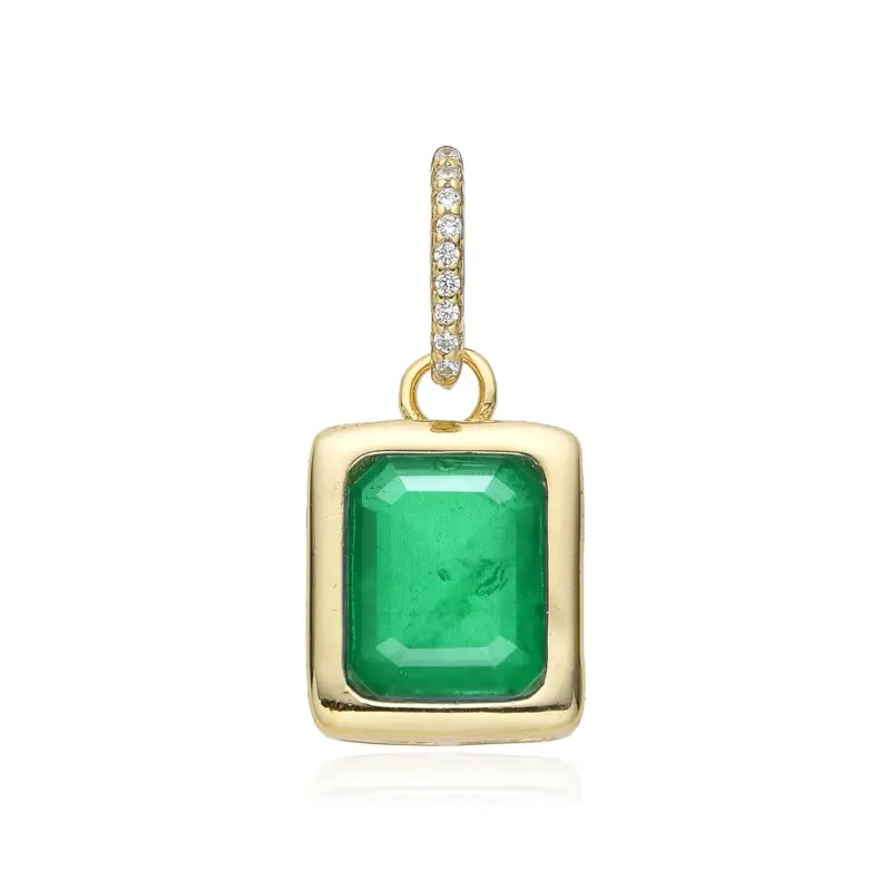 Geometric Green Rectangular Gemstone Jewelry Pendant Charm - Gold Trim, Diamond Accents, Elegant Daily Wear Costume Fashion Accessory