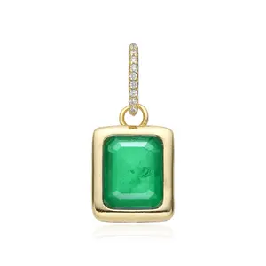 Gemstone Charms - Green Rectangular Gemstone Pendant with Gold Trim and Diamond Accents