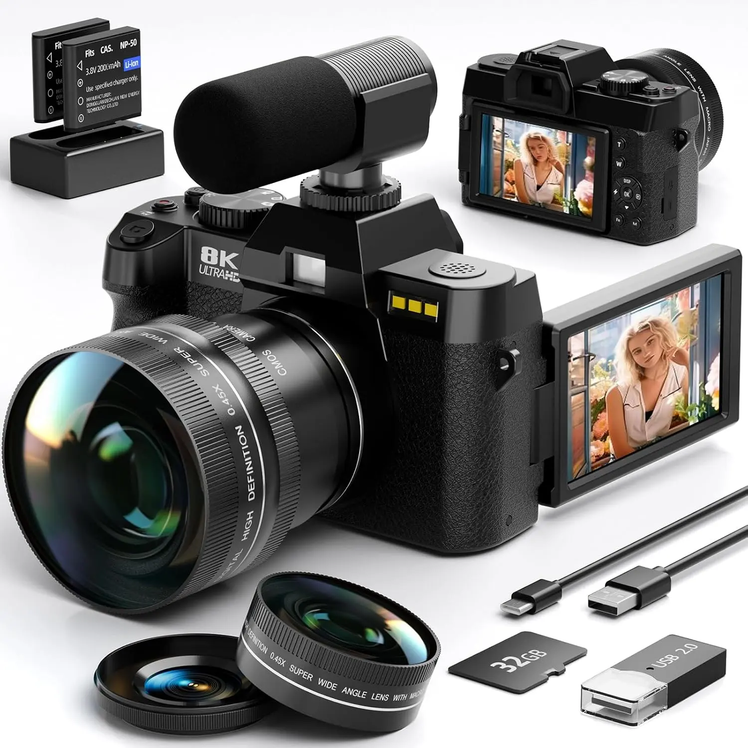8K Digital Camera for Photography and Videography 64MP, 16X Zoom,Microphone and Dual-Lens 180°Flip Screen，2 Batteries, 32GB TF Card,WiFi, Wide & Macro Lens Kit, Built-In Fill Light,Vlogging and Travel Movie