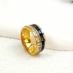 Stress Relief Rotating Ring, Roman Numeral Diamond Star Finger Ring, Artificial Zircon Wedding Promise Ring, Size 6-11, Comfortable Wear, Spinner Rings
