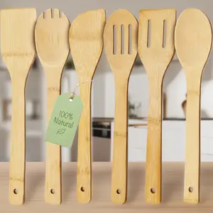 6-Piece Bamboo Wooden Cooking Spoons, Nonstick Bamboo Kitchen Utensils Set with Wood Spatulas & Spoons for Daily Use, Ideal Housewarming Gifts