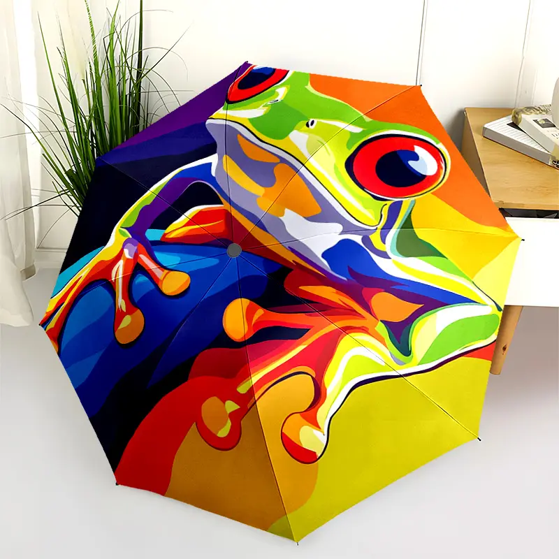 1 PC Automatic Folding Umbrella - Colorful Frog Artwork Pattern, Portable & Foldable Design with 8 Ribs, Merry Christmas Pattern,Casual Outdoor Accessory Halloween and Christmas Birthday Gifts. B0024
