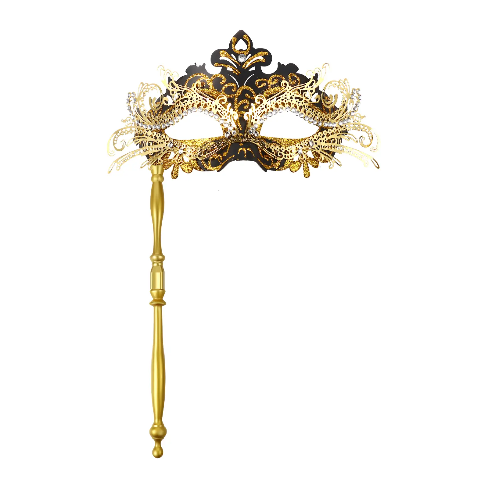 OIDEA Women's Stick-Attached Hollow Iron-Plastic Masquerade Mask, Shiny Rhinestone Stick-Gold Black Accessory, Halloween & Venetian Carnival Party Supplies, Ideal Gift, Accessories summerwins,summerwins