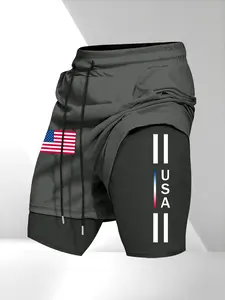 Men's American Style Two-Piece Sport Shorts, Usa Flag Vertical Print, Breathable Elastic Anti-Exposure Workout Running Pants