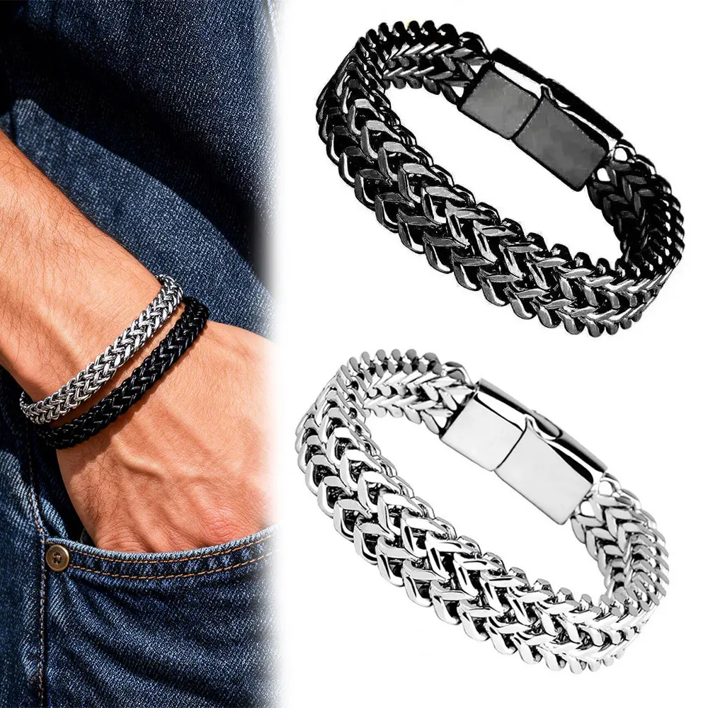 Vintage Chunky Metal Bracelet, Handcrafted Titanium Steel Cuban Chain with Geometric Braid, Arm Candy Accessories for Parties & Festivals, Metal Bracelets & Bangles, Chunky Chain