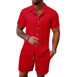 Men's 2 Pieces Beach Outfit Cotton Set Short Sleeve Button Down Shirts Shorts Summer Casual Outfits