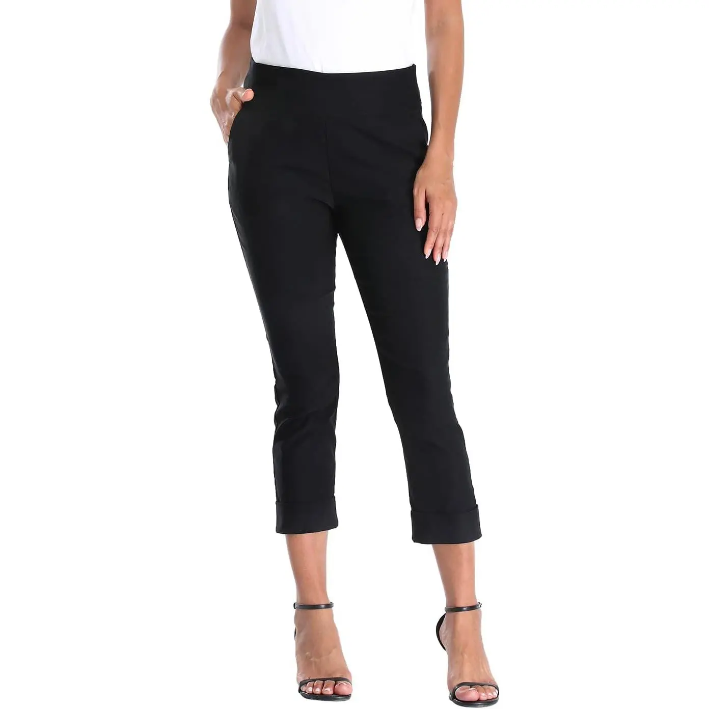 for Women w/Pockets Elastic Waist Cropped Work Pant | Comfortable Pull On Waist, Tailored Fit with Cuff, Stretchy Summer Office Pants, 24.25" Inseam, Professional Dress Capris