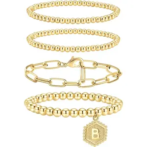 CASSIECA Women's Stretch Beaded Bracelets - Stackable Bead Ball Jewelry with Letter Pendant, Suitable for Men