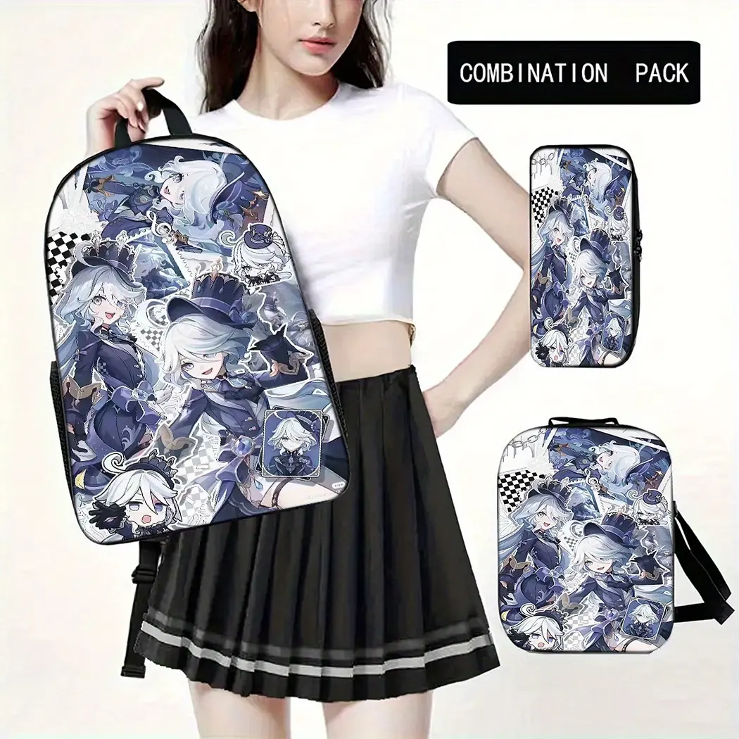 3-piece Furina themed neutral backpack set, including a school bag, a pencil case, and a lunch box. Featuring a stylish handle design, this spacious laptop backpack is perfect for daily use and makes an excellent gift for loved ones