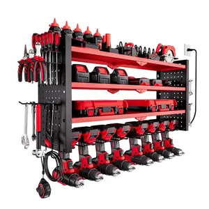 fathersdaygift  VEVOR Power Tool Organizer with Charging Station, 4-Layer Drill Storage Rack with 8 Drill Holders Side Pegboard, Garage Tool Organizer Built in 8 Outlet Power Strips for Garage, Workbench, Workshop