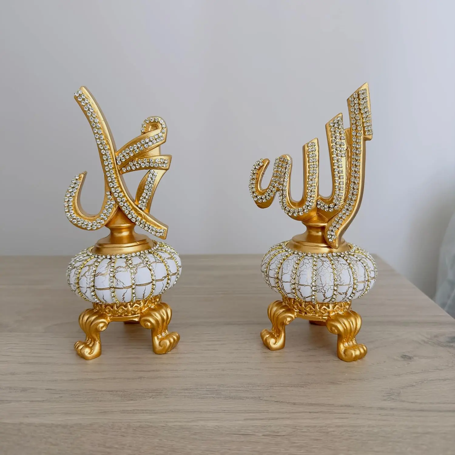 Gold Calligraphy Allah and Muhammad 2-Piece Decorative Figure Set, Home Decor Ornaments, Living Room Accent, Ramadan Gift
