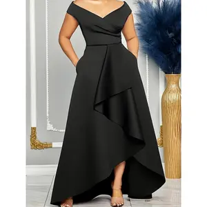 Plus Size Elegant V-Neck Asymmetrical Ruffle Dress - Soft Polyester Knit Fabric with Slight Stretch, Solid Color, All-Season Style, Flattering Fit, Comfortable Wear, Easy Care, and Versatile Occasion Wear