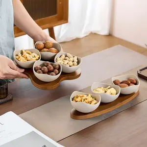 Vintage Ceramic Petal Snack Salad Serving Plates Set, Triangle Shape Bowls with Wooden Tray, Ideal for Home Office Outdoor Gatherings