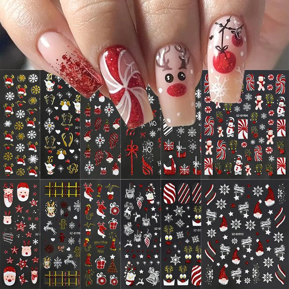 12pcs/set 5D Red Glitter Nail Art Stickers Christmas Santa Claus Snowflakes Snowman Cute Nail Decals Self Adhesive Nails Sliders