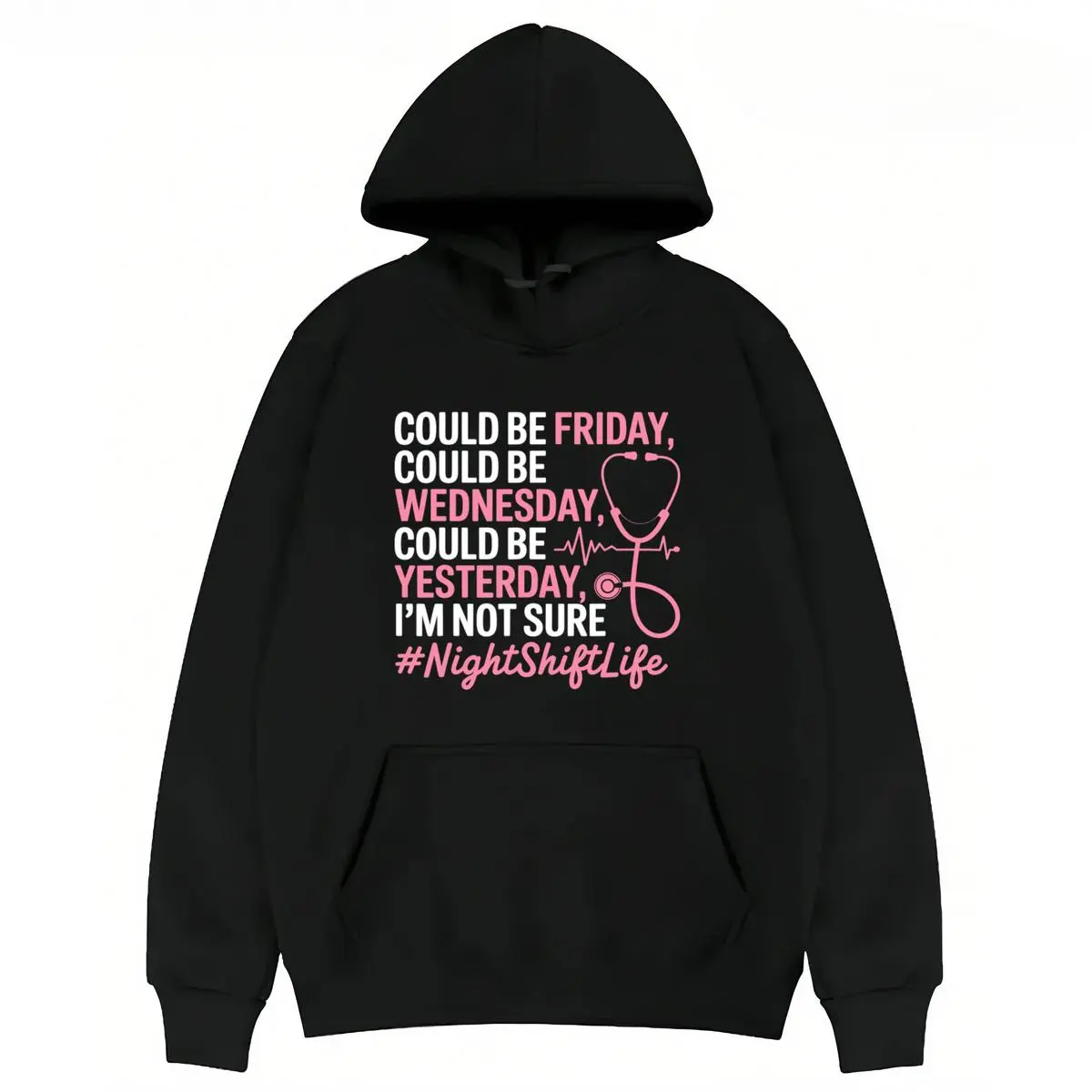 Women's Nursing Life Nightshift Hoodie, Funny Fitted Graphic Print Cotton Sweatshirt with Long Sleeves for Nurses, Prints, Fabrics, Streetwear Loungewear Women, Crew Neck