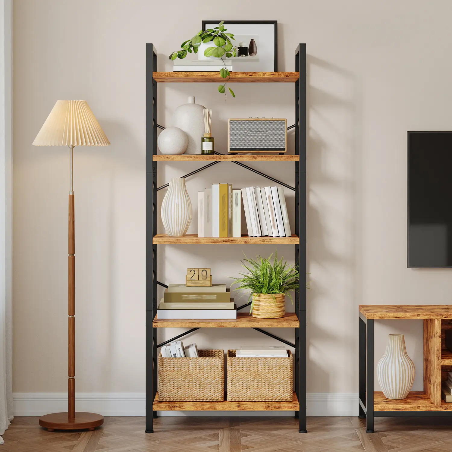 Raybee Multipurpose Bookshelves, Decor Shelf, Industrial Five-Tier Corner Bookshelf, Modern Display Bookcase with Metal Frame Sidebars & Adjustable Feet for Bedroom, Living Room and Home Office, Rustic Brown, Black #SummerVibes #TikTokShopStockUp