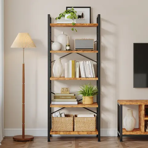 Raybee Multipurpose Bookshelves, Decor Shelf, Industrial Five-Tier Corner Bookshelf, Modern Display Bookcase with Metal Frame Sidebars & Adjustable Feet for Bedroom, Living Room and Home Office, Rustic Brown, Black #TikTokShopBackToSchool