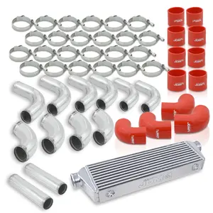 Universal 2.5" 12 Pieces Aluminum Piping Kit Polished (x2 Straight / x6 90 Degree Long / x4 90 Degree Short) + Silicone Couplers Red + Universal Aluminum Intercooler (Bar & Plate | Overall: 27.5" x 7.0" x 2.5" | Core: 21.5" x 7.0" x 2.25")