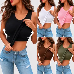 Neck Built-in Bra Long Sleeve Ribbed Top Shirts Elegant Skinny Fit Fabric/Women's Seamless Camisole with Bra/Ribbed Built-in Bra Crop Tank Top