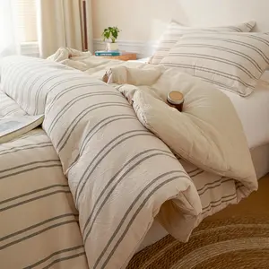 Stripe Full Comforter Set - Soft Lightweight Bedding 3 count Dyed Bed Set with 2 Pillow Shams,Reversible  Season Farmhouse Down Alternative(Full Size 80"x90" Beige)