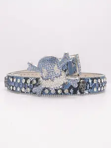 Luxurious Western Cowboy PU Belt, Rhinestones Belt, Rhinestone Decorated Belt, Blue Snake Skin Design, Suitable for Daily Use & Nightlife, Perfect Gift for Friends