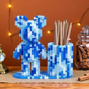 Blue Bear Pen Holder 3D Puzzle Building Block Ornament, Room Decoration, Birthday Halloween Valentine Christmas Gift, No Power Needed
