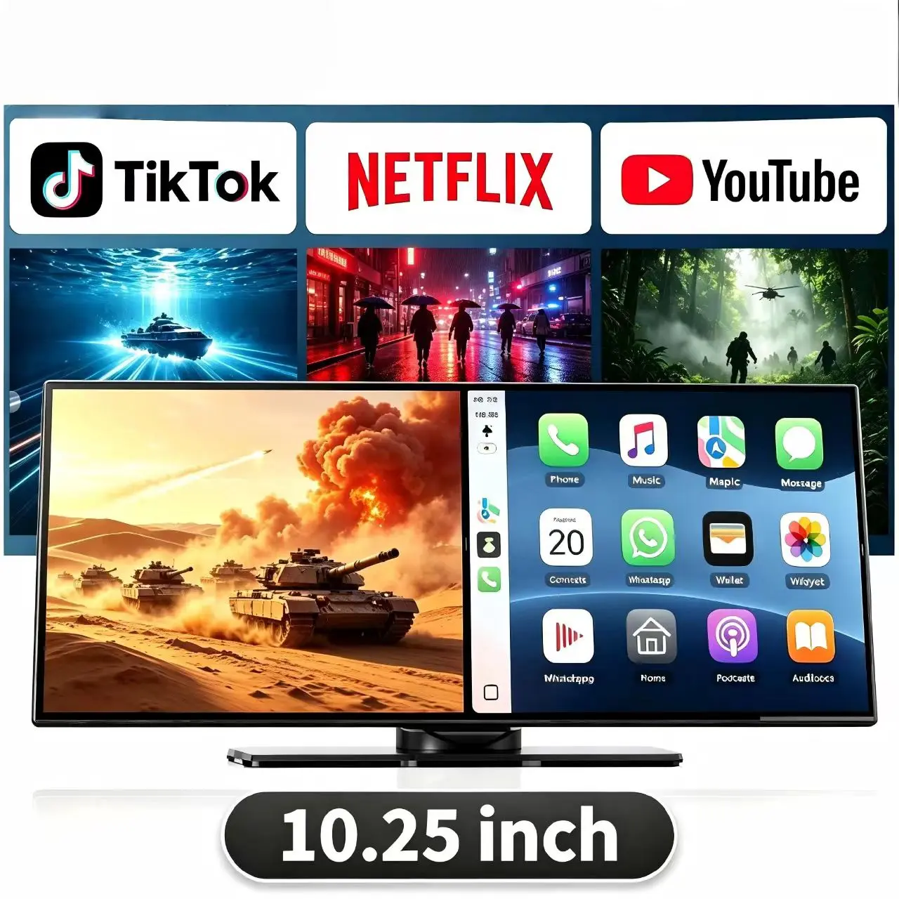 【SummerFinds】10.25-inch Portable Wireless CarPlay Touchscreen — Supports multimedia video streaming, split-screen display, HD reversing camera view, and in-vehicle voice control; compatible with iOS 10+ and Android 11+.