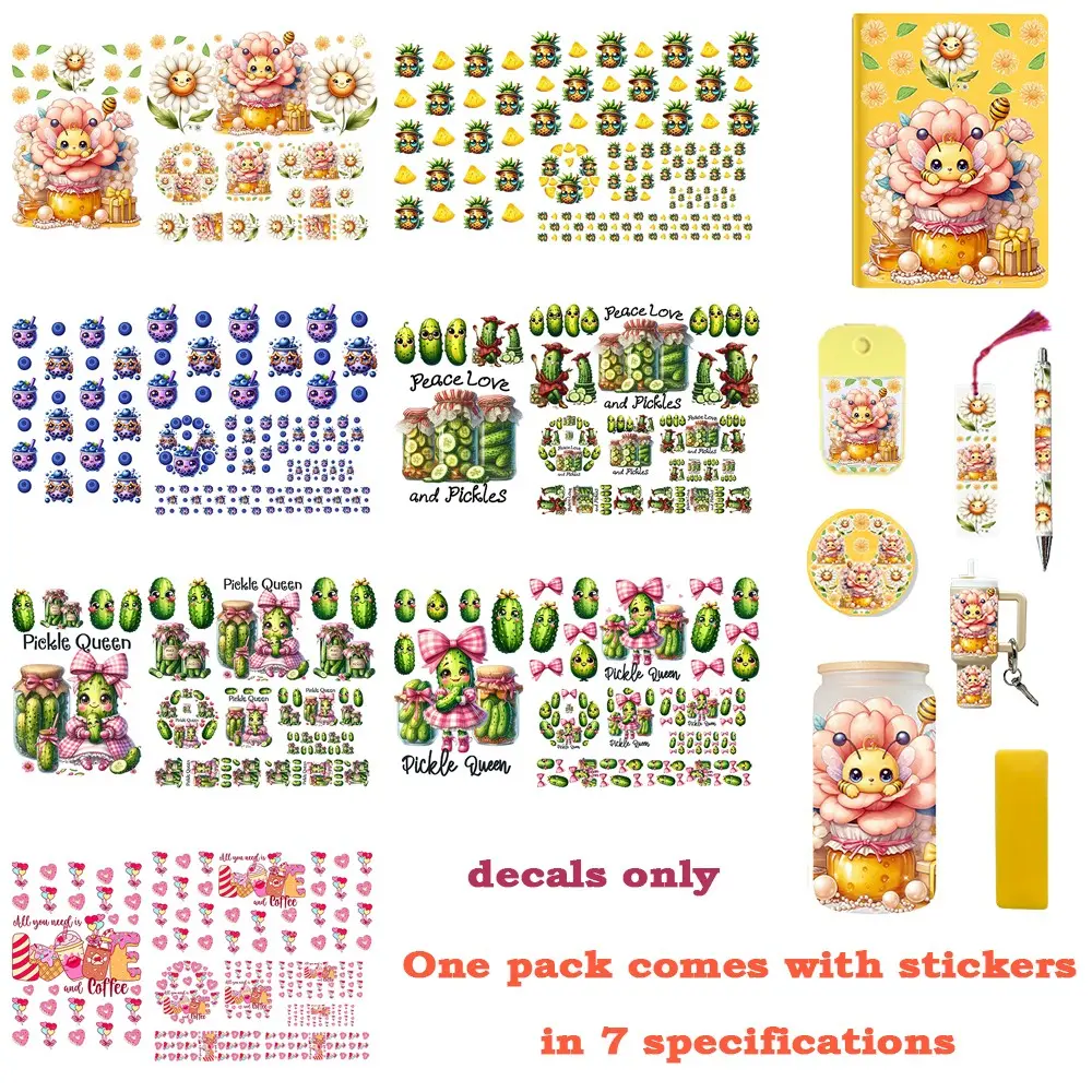 UV DTF Decoration Decal Sticker Set, Sticker Collage Pack, Stickers Kit, Includes 16oz Cup Stickers, A5 Notebook Stickers, Mini Keychain Stickers, Spray Bottle Stickers, Funny Stickers