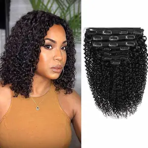 Curly Clip In Extension Human Hair 3C 4A Kinky Curly Water Wave Full Head for Black Women Brazilian Remy Human Hair Natural Color 7Pcs with 17clips 100g/Set