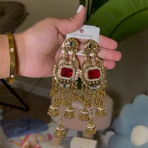 Kashmiri Earrings - Gold Color with Red and Green Stones, Elegant Design, Perfect for Special Occasions