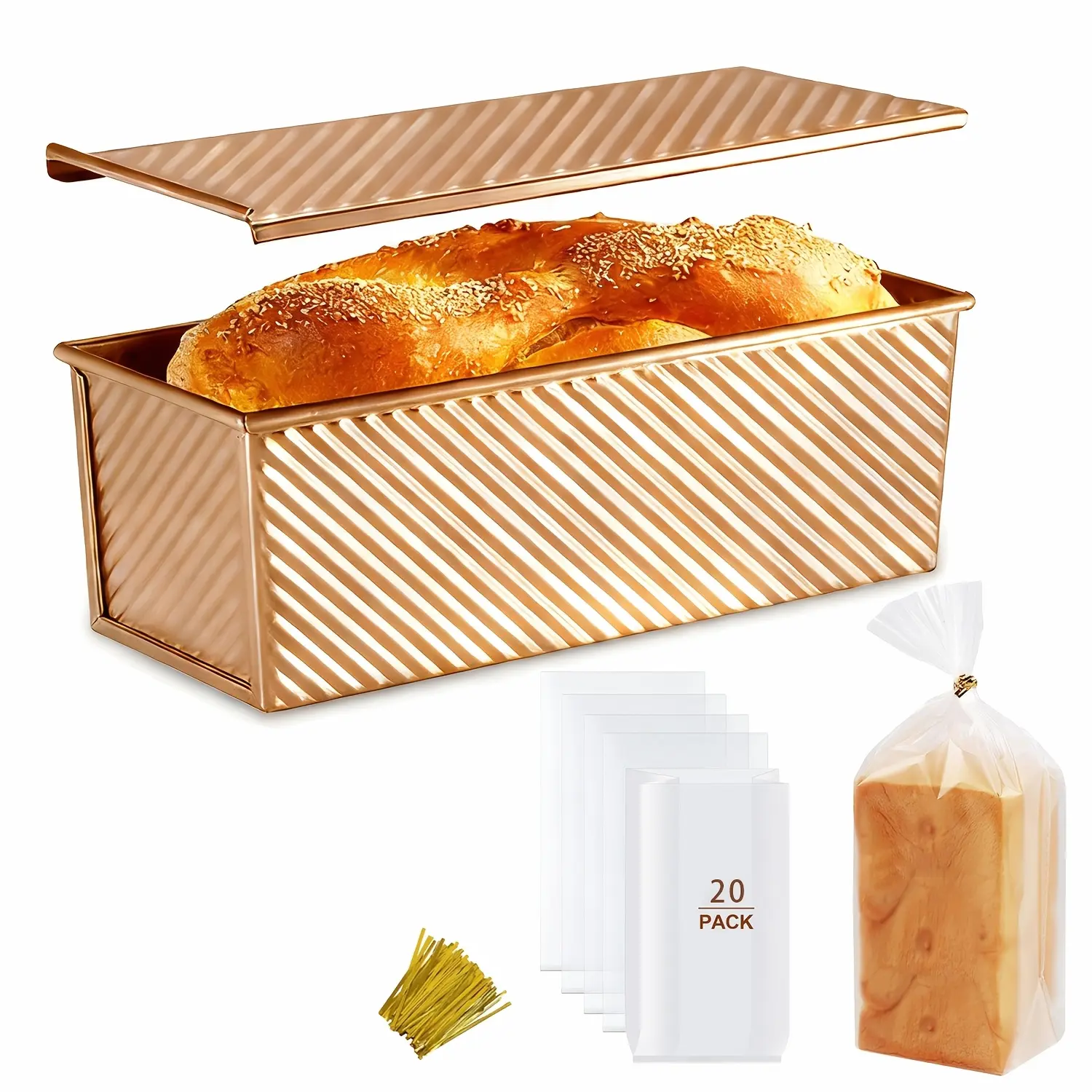 Pullman Bread Pan with Lid, Nonstick 13*4 Inch Loaf Pan, 20 Pack Plastic Bread Bags with Ties, Cover Carbon Steel Bread Baking Pan for Homemade Baking Bread