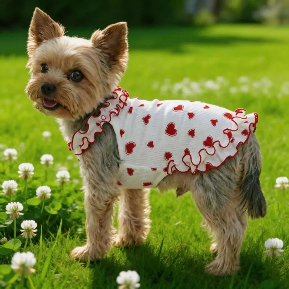 Summer Dog Clothes for Small Breeds, Adorable Heart Pattern Ruffle Trim Dog Tank Top, Puppy Clothes