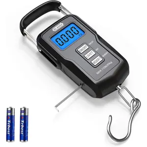 Fish Scale Backlit LCD Display FS01: 110lb/ 50kg Digital Luggage Scale with Storage Function Numerical Comparison, Built-in Measuring Tape, Batteries Included - Fishing Gifts for Men