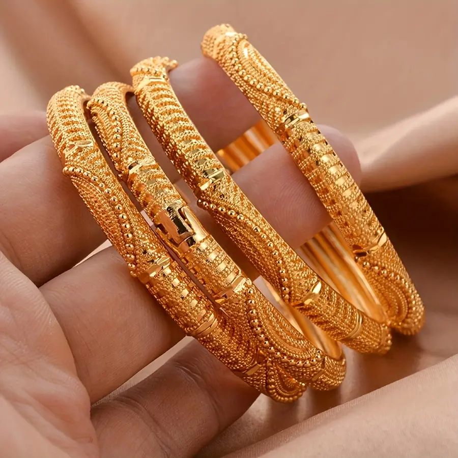 24K gold-plated copper bracelet Elegant Open Bangle with Intricate Floral and Geometric Patterns | Perfect for Weddings, bracelets for women Hypoallergenic