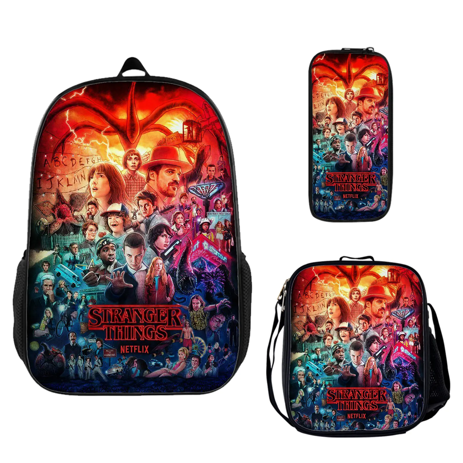 Stranger Things Unisex 3-Piece Large Capacity Backpack Set - Water Resistant, Vibrant Back to School Haul with Insulated Lunch Box, Pencil Pouch, Lightweight Universal Size Travel Daypack Gift for Teens c-225, Unisex Names, One Size