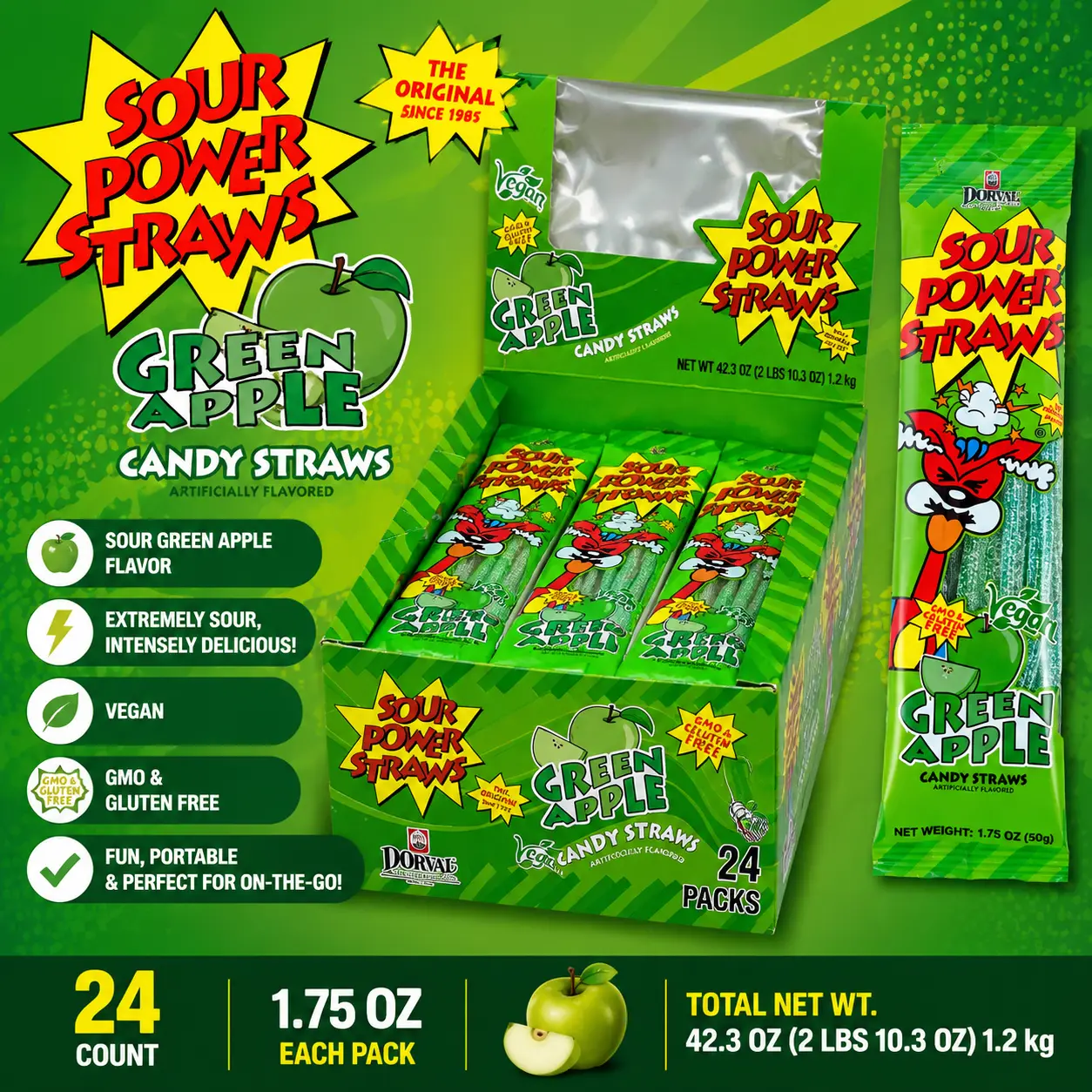 Sour Power Straws Green Apple 1.75 oz 24 Count  Sweet & Sour Chewy Candy Straws | Fruity Party Treats & Snacks