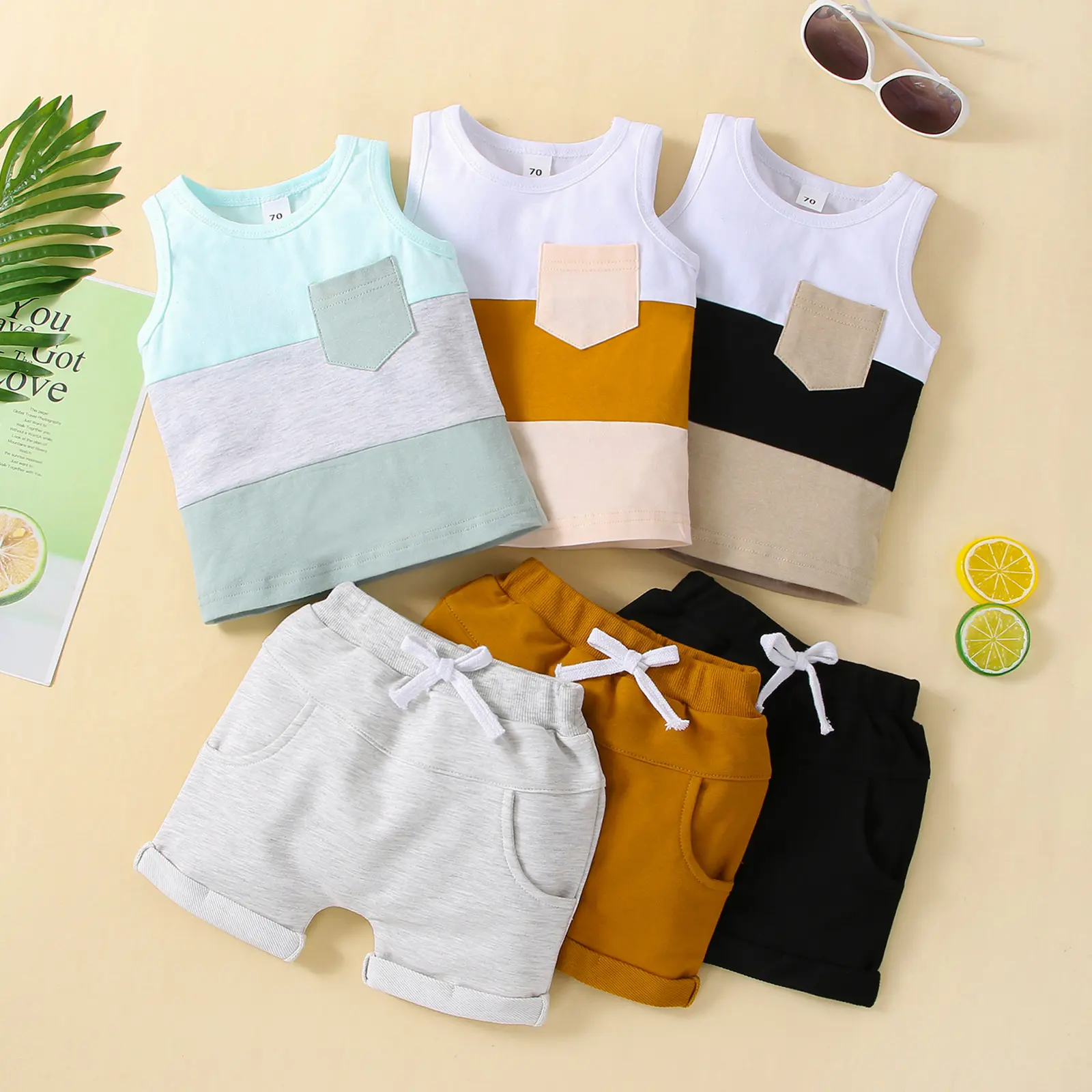 Toddler Baby Boy Summer Clothes Patchwork Tank Tops Vest T-Shirt + Casual Solid Shorts Outfits