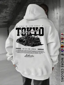 Unisex Tokyo Underground Drift Car Print Hoodie, Loose Fit Graphic Pullover, Street Style Long Sleeve Top, Fall & Winter Casual Wear, Graphic Hoodies