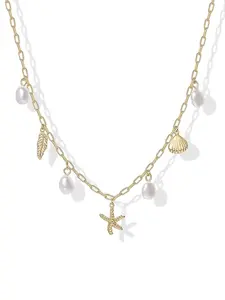 Women's Beach Charm Necklace, Fashionable Pin Chain Multi-Charm Jewelry, Freshwater Pearl Shell Starfish Summer Accessories, Charms Necklace