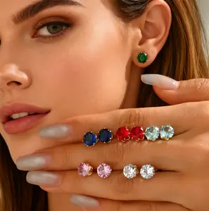 6 Pairs Stud Earrings Set, Hypoallergenic Cubic Zirconia Earrings 9mm (3 color)  Earring Set with Geometric Setting and Colored Zirconia