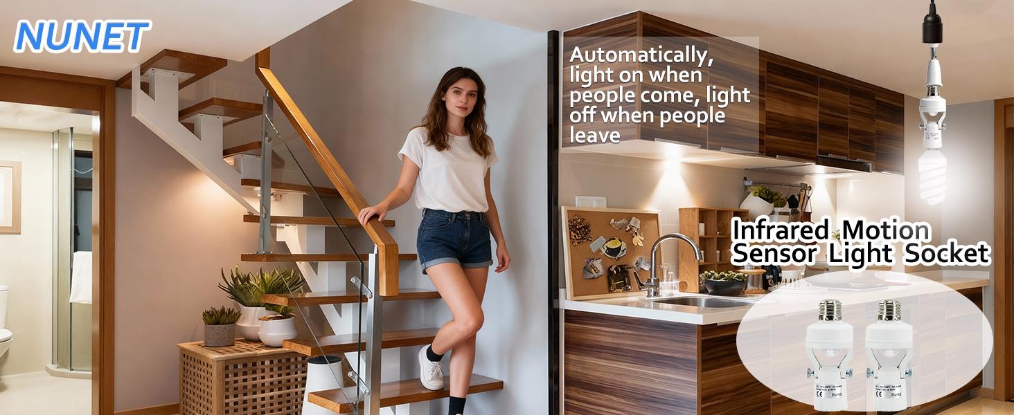 NUNET 2pcs PIR Sensor Light Socket - Angled Screw-in Adapter with Auto On/Off for E26/E27, Add Motion Sensor to existing Light, Suitable for Porch Garage Basement