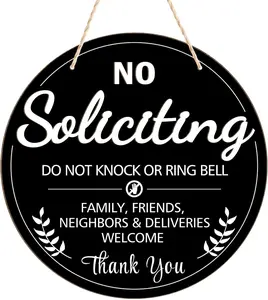 Uflashmi No Soliciting Sign for Front Door, Wooden No Soliciting Hanging Signs for House, Do Not Knock or Ring Bell, 9.8 Inch, Black
