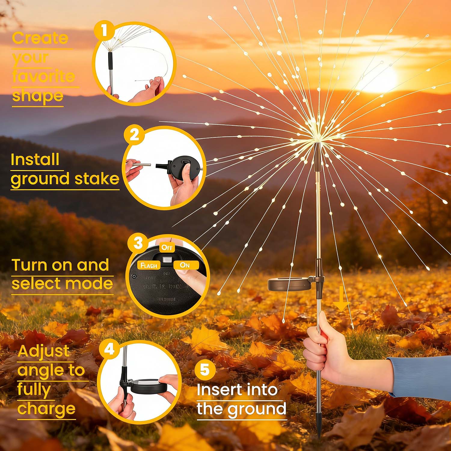 120 LED Solar Garden Lights 2 Pack, Fairy Firework Decorative Outdoor Lights, Solar Powered Warm White Lighting for Yard, Pathway, Flowerbed, Planter, Balcony, Patio & Christmas Decor