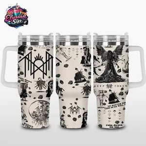 [Elysian Sip] - Sleep Token Vintage Dark Ritual Band Aesthetic 40oz & 20oz Stainless Steel Tumbler with Handle – Worship Tour Insulated Mug V1, Fans Style Cup, Gothic Retro Streetwear Design, Leakproof Travel Gift.