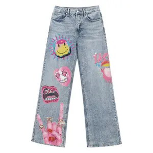 Pink Pop Art Cartoon Graphic Printed Denim Jeans with Unique Emojis Stars Design for Trendy Outfits Casual Flare Leg High Waisted Flare