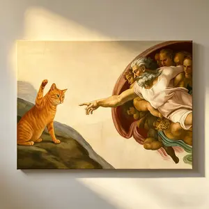 1PC Funny Cat Paintig Canvas Wall Art - The Creation of Adam Parody with Orange Cat Print, Renaissance Style Home Decor, Ready To Hang framed Art for Living Room, Bedroom, Office, Dorm | Unique Gift for Cat Lovers & Humor Fans