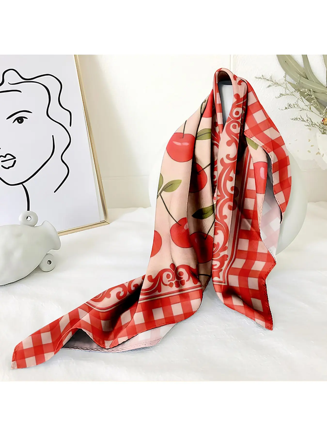Cherry Plaid Satin Hair Scarf for Women, Vintage Headband, Summer Picnic Essential, Retro Style Accessory, Daily Fruit Theme Celebration, Checkered Scarf