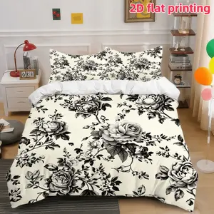2D Flat 3Pcs Elegant Vintage Black Roses Bedding, Classic Toile Floral Duvet Cover - Designed for Modern Home Decor, Aesthetic Comforter (1 + 2 Pillowcases, No Filling) Suitable Bedroom and Dormitory Room Decoration.