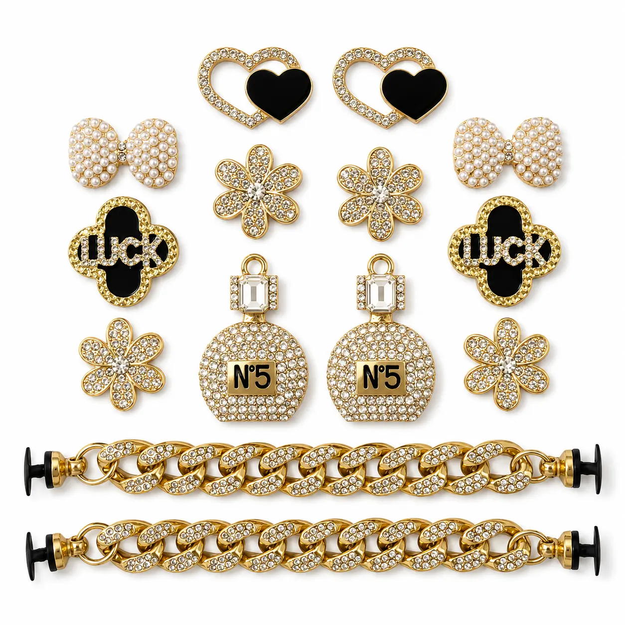 14Pcs Bling Shoe Charms Set with 2 Gold Rhinestone Chains, Pearl Bow, Heart, Flower & Perfume Charms for Clog Shoes, Clog Shoe Decorations, Decorative Shoe Accessories