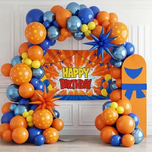 Orange & Metallic Blue Balloon Arch Kit with Star Foils for Dragon, Sports & Space Party Decor